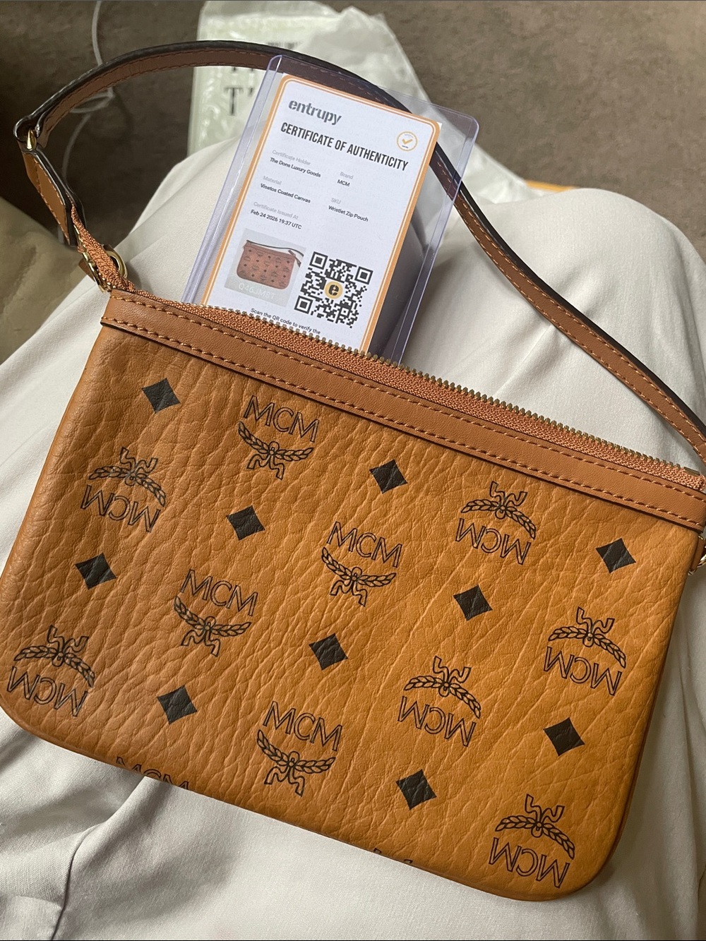 Authentic MCM Cognac Visetos Monogram Crossbody Wristlet with COA